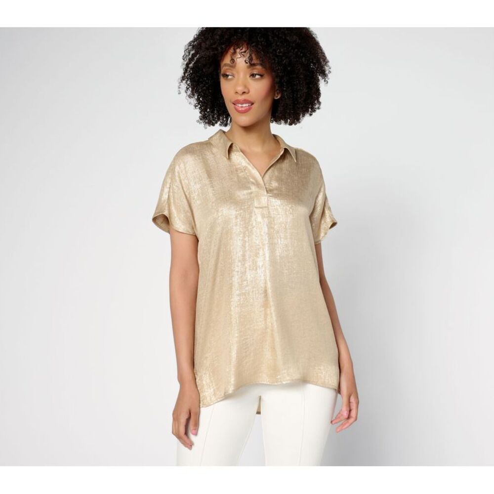 Susan Graver Women's Top Plus Sz 3X Foiled Woven Pullover Henley Yellow